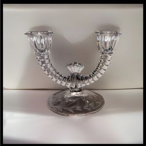 Vintage Glass Double Candlestick Holder with Etched Base